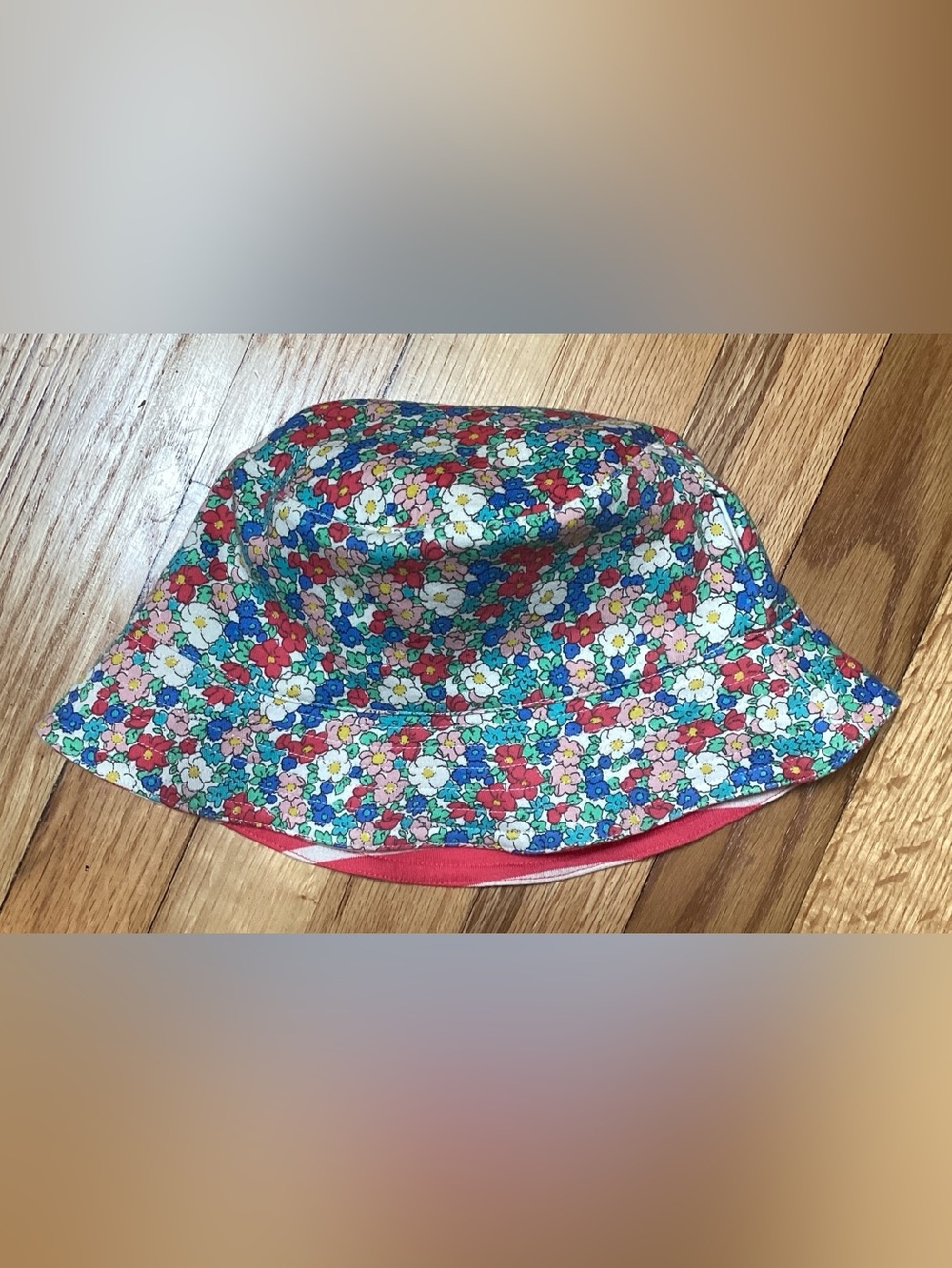 Mini Boden Red White Stripes Liberty Floral print Reversible Sun Hat size medium